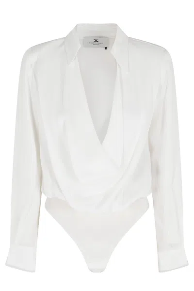 Elisabetta Franchi V-neck Bodysuit Shirt With Organza Inserts And Padded Shoulders In White
