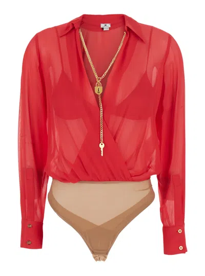 Elisabetta Franchi V-neck Chain-detail Viscose Bodysuit With Semi-transparent Wrap In Black