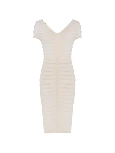 Elisabetta Franchi Cotton Thread And Viscose Fan Pattern Midi Dress In Pink