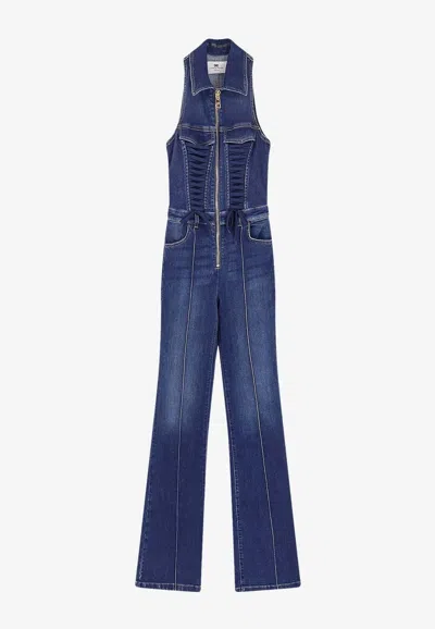 Elisabetta Franchi Washed Denim Jumpsuit In Blue