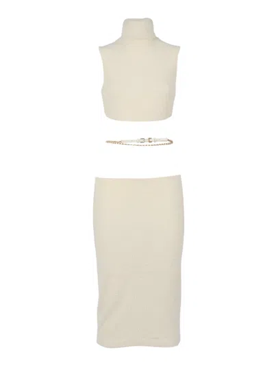 Elisabetta Franchi Ribbed Knit Midi Dress With High Neckline In White