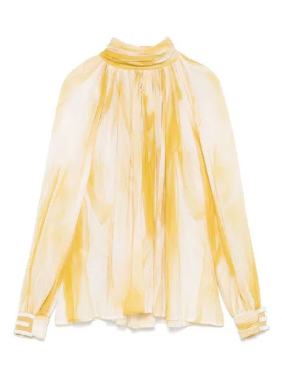 Elisabetta Franchi White And Mustard Yellow Blouse With Mock Neck In Bianco E Beige