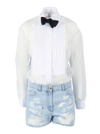 Elisabetta Franchi White Blouse Distressed Denim Jumpsuit In Blue