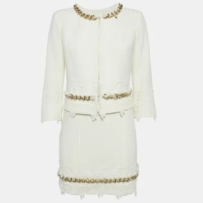 Pre-owned Elisabetta Franchi White Chain Detail Tweed Jacket And Skirt Set M