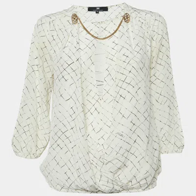 Elisabetta Franchi White Checks Print Silk Brooches Detail Top