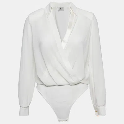 Pre-owned Elisabetta Franchi White Chiffon Plunging Neck Bodysuit S