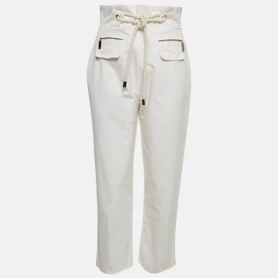 Pre-owned Elisabetta Franchi White Cotton Gabardine Rope Detail Trousers M