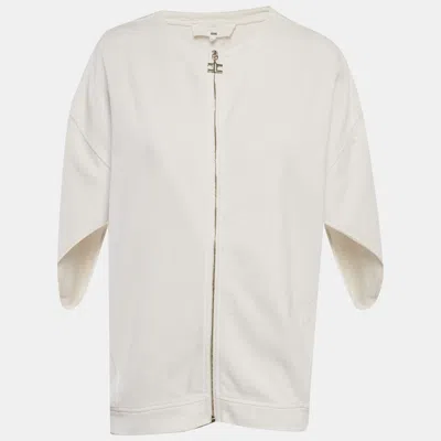 Pre-owned Elisabetta Franchi White Cotton Knit Zip Front Oversized Jacket M
