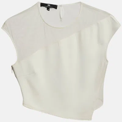 Pre-owned Elisabetta Franchi White Crepe And Mesh Crop Top L