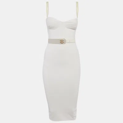 Pre-owned Elisabetta Franchi White Crepe Belted Midi Dress S