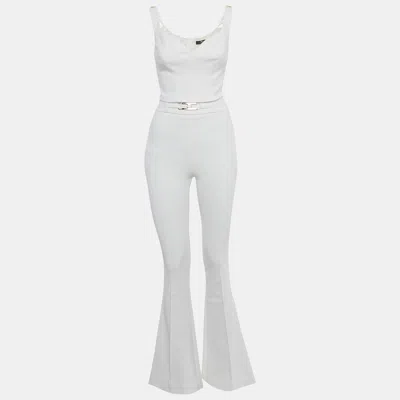 Pre-owned Elisabetta Franchi White Crepe Crop Top & Flared Pant Set M/s