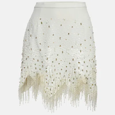 Pre-owned Elisabetta Franchi White Crepe Embellished Mini Skirt S