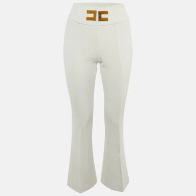 Pre-owned Elisabetta Franchi White Crepe Logo Flared Trousers S