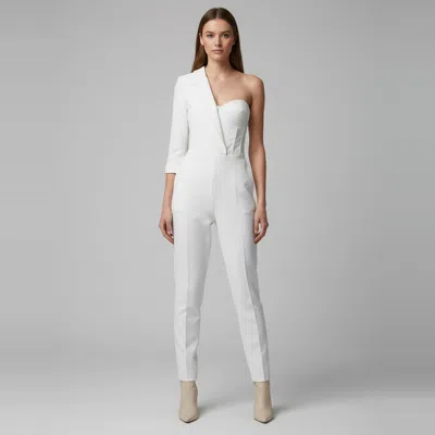 Pre-owned Elisabetta Franchi White Crepe One-shoulder Asymmetric Jumpsuit L