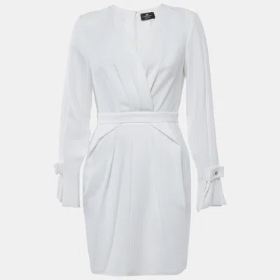 Pre-owned Elisabetta Franchi White Crepe Pleated Detail Mini Dress M