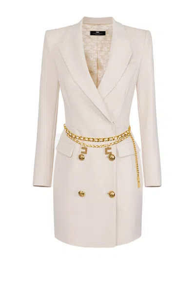 Elisabetta Franchi White Double-breasted Dress With Gold Chain Accent In Beige