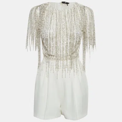 Pre-owned Elisabetta Franchi White Embellished Tulle & Crepe Playsuit M