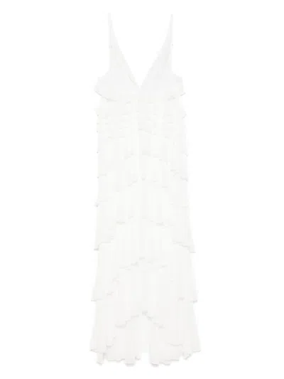 ELISABETTA FRANCHI WHITE GEORGETTE RUFFLED MAXI DRESS