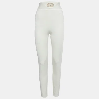 Pre-owned Elisabetta Franchi White Jersey Embellished Waist Leggings L