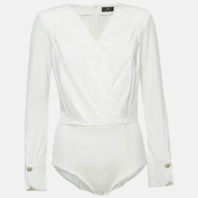 Pre-owned Elisabetta Franchi White Jersey Plunging Neck Bodysuit M