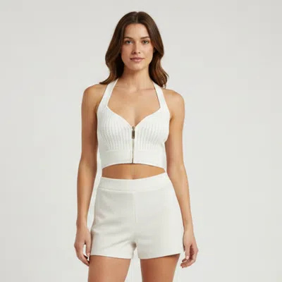 Pre-owned Elisabetta Franchi White Knit Zip Up Bustier Crop Top S