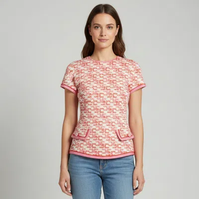 Pre-owned Elisabetta Franchi White Logo Jacquard Short Sleeve Top M