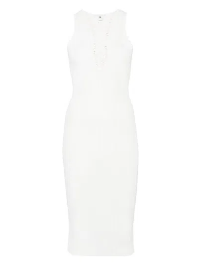 Elisabetta Franchi Abito Midi Bianco Con Dettaglio Incrociato Sul Petto In Beige