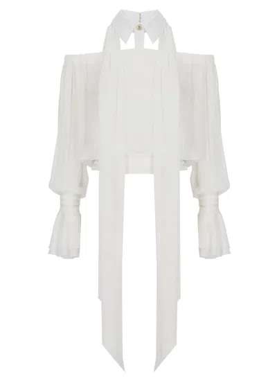 Elisabetta Franchi White Off-the-shoulder Volant Blouse