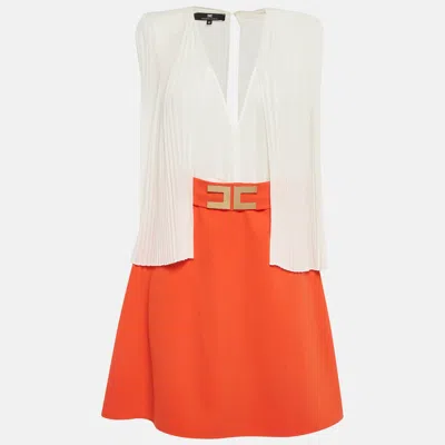Pre-owned Elisabetta Franchi White /orange Detachable Mini Plisses Drape Dress L