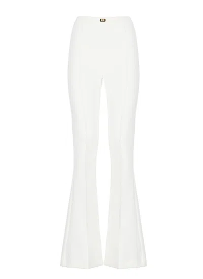 Elisabetta Franchi Horsebit-detail Crepe-texture Flared Trousers In Beige