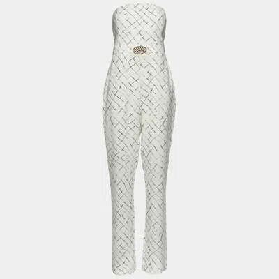 Elisabetta Franchi White Printed Crepe Strapless Jumpsuit Xl