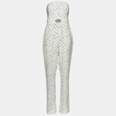 Pre-owned Elisabetta Franchi White Printed Crepe Strapless Jumpsuit Xl