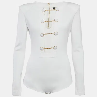 Pre-owned Elisabetta Franchi White Rib Knit Cut-out Button Detail Bodysuit L