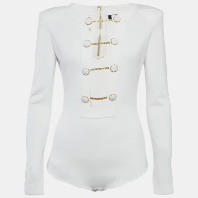 Elisabetta Franchi White Rib Knit Cut-out Button Detail Bodysuit