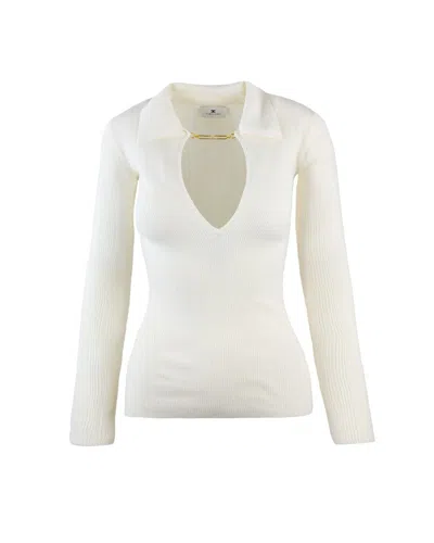 Elisabetta Franchi White Ribbed Knit Top With À Jour Detailing In Neutral
