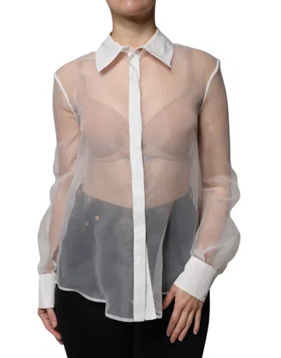 Pre-owned Elisabetta Franchi White Sheer Collared Buttoned Long Sleeves Women's Top ()