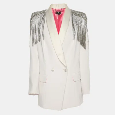 Elisabetta Franchi White Stretch Crepe Metal And Crystal Fringe Double Breasted Blazer