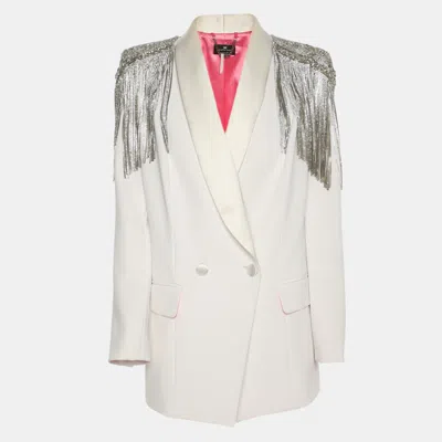 Pre-owned Elisabetta Franchi White Stretch Crepe Metal And Crystal Fringe Double Breasted Blazer S