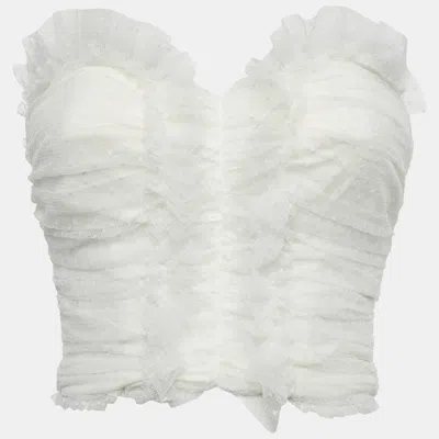 Pre-owned Elisabetta Franchi White Swiss Dot Tulle Ruffled Strapless Top S