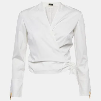Pre-owned Elisabetta Franchi White Synthetic Wrap Shirt Blouse M
