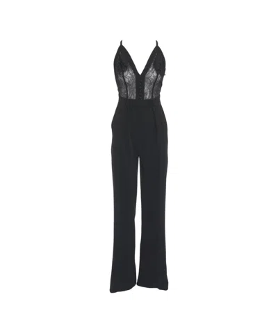 ELISABETTA FRANCHI ELISABETTA FRANCHI WIDE-LEG CRÊPE JUMPSUIT WITH LACE INSERTS AND PEARL EMBROIDERY