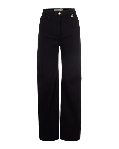 Elisabetta Franchi Wide-leg Denim Pants With Golden Logo Details In Black
