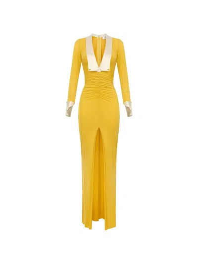 Elisabetta Franchi Wide-lapels Slim-fit Maxi Dress In Yellow