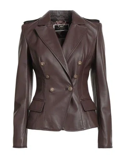 Elisabetta Franchi Woman Blazer Dark Brown Size 4 Ovine Leather