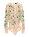 Elisabetta Franchi Woman Bodysuit Beige Size 8 Polyamide, Elastane, Silk, Plastic, Synthetic Stone