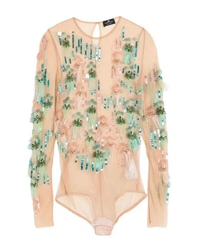 Elisabetta Franchi Woman Bodysuit Beige Size 8 Polyamide, Elastane, Silk, Plastic, Synthetic Stone