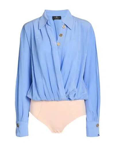 Elisabetta Franchi Woman Bodysuit Sky Blue Size 10 Silk, Polyamide, Elastane