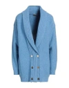 Elisabetta Franchi Woman Cardigan Azure Size 8 Cotton, Polyamide, Elastane In Blue