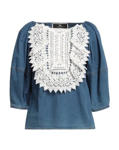 Elisabetta Franchi Woman Denim Shirt Blue Size 10 Cotton, Lyocell, Elastomultiester, Elastane