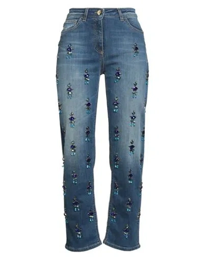 Elisabetta Franchi Woman Jeans Blue Size 26 Cotton, Polyester, Elastane, Cow Leather, Resin